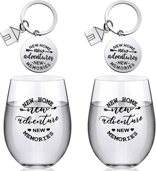 Lallisa 4 Pcs Housewarming Gifts for New House 2 Stemless Wine Glasses Bottle and 2 New Home Keychain Adventures Keyrings for Newlywed Couple, Friends, Apartment Homeowner Newlywed