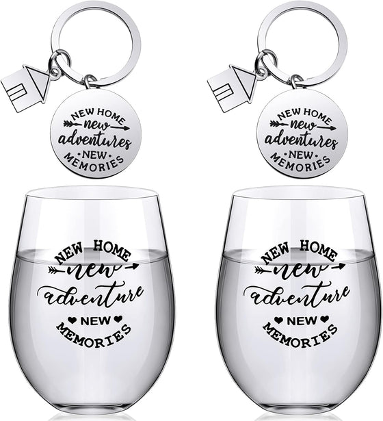 Lallisa 4 Pcs Housewarming Gifts for New House 2 Stemless Wine Glasses Bottle and 2 New Home Keychain Adventures Keyrings for Newlywed Couple, Friends, Apartment Homeowner Newlywed