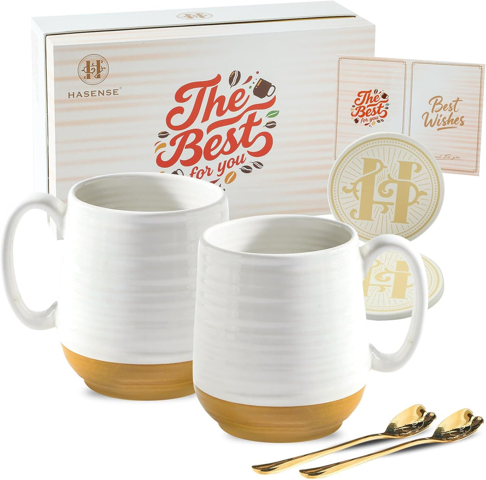 HASENSE Coffee Mugs Gift Set, 20oz Ceramic Mugs Set of 2 with Handle, Glaze Coasters & Spoons in Storage Box,Perfect Valentine‘s Day Gift for Coffee Tea and Cocoa, White