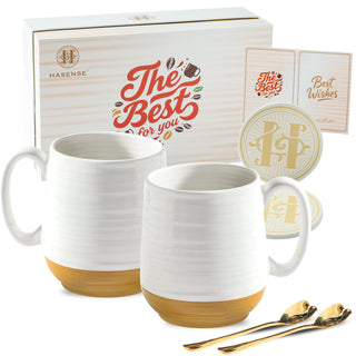 HASENSE Coffee Mugs Gift Set, 20oz Ceramic Mugs Set of 2 with Handle, Glaze Coasters & Spoons in Storage Box,Perfect Valentine‘s Day Gift for Coffee Tea and Cocoa, White