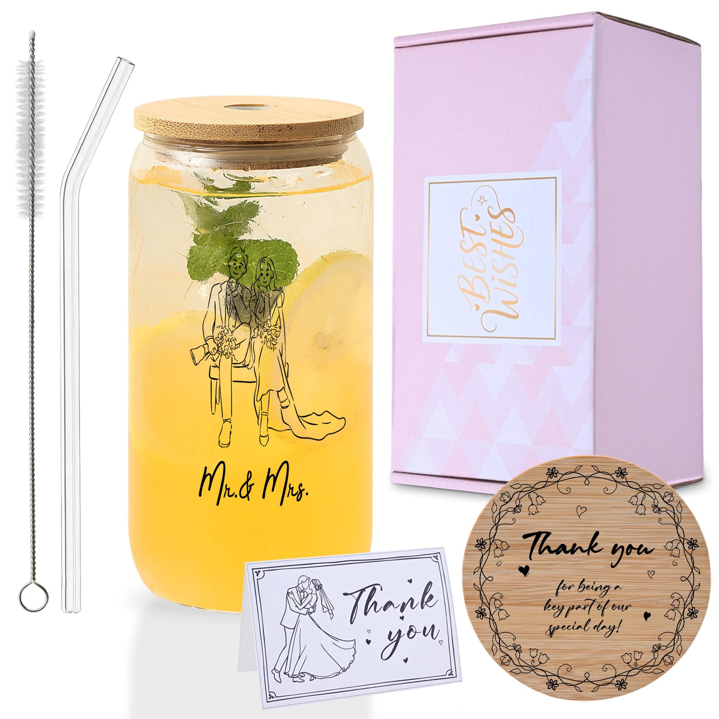 Mr. & Mrs. Glass Tumbler Set, 16oz Glass Cups with Bamboo Lids, Straws & Coasters, Bridal Shower & Wedding Thank You Gift for Couples