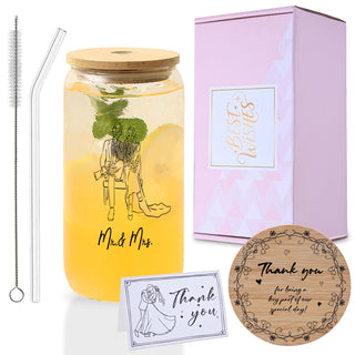 Mr. & Mrs. Glass Tumbler Set, 16oz Glass Cups with Bamboo Lids, Straws & Coasters, Bridal Shower & Wedding Thank You Gift for Couples
