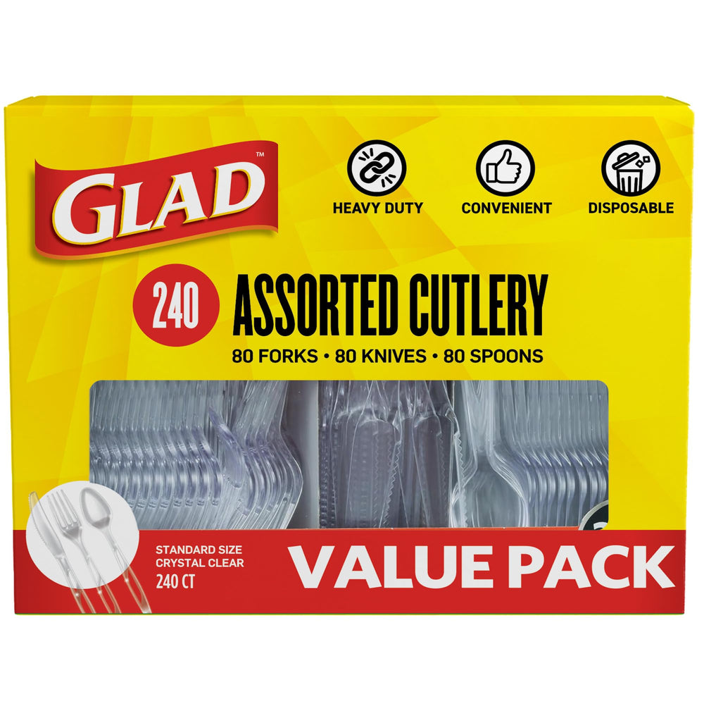 Glad Clear Disposable Cutlery Set with Heavy Duty Plastic Forks, Knives, and Spoons, Reusable Dishwasher Safe Plastic Utensils for Parties and Everyday Use, 240 Count