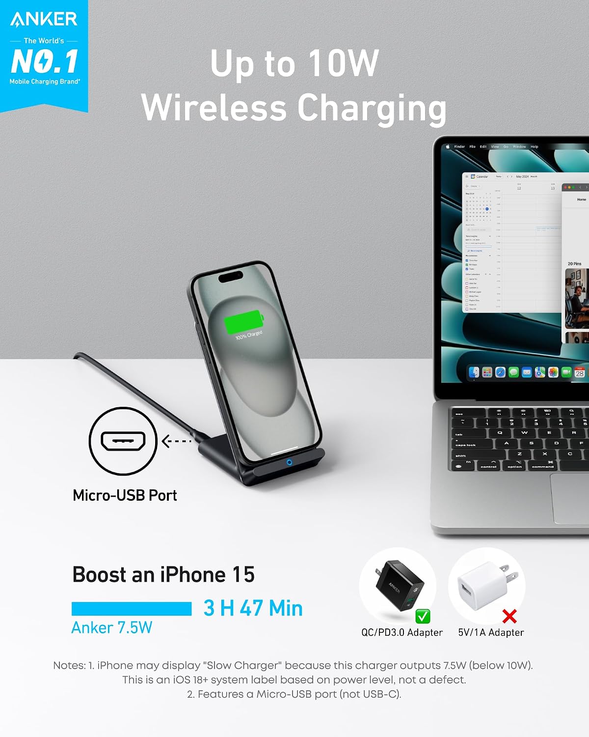Anker 313 Wireless Charger (Stand), Qi-Certified for iPhone 17/17/17 Pro/17 Pro Max/15/14/13, 10W Fast-Charging Galaxy S23 S22 S21(No AC Adapter)