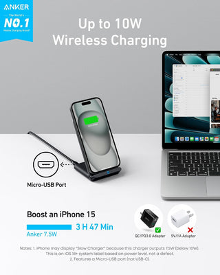Anker 313 Wireless Charger (Stand), Qi-Certified for iPhone 17/17/17 Pro/17 Pro Max/15/14/13, 10W Fast-Charging Galaxy S23 S22 S21(No AC Adapter)