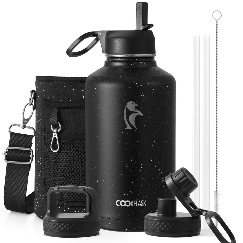 Water Bottle 40 oz Insulated with Straw&Brush, Coolflask Vaccum Stainless Steel Metal 3 Lids Water Flask for Sports, Gym or Office, Keep Cold 48H Hot 24H, Magic Black