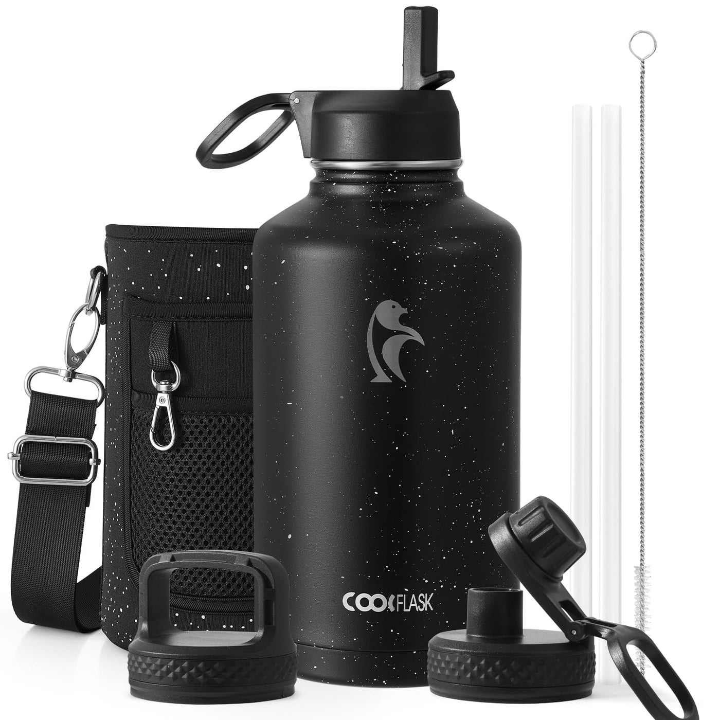 Water Bottle 40 oz Insulated with Straw&Brush, Coolflask Vaccum Stainless Steel Metal 3 Lids Water Flask for Sports, Gym or Office, Keep Cold 48H Hot 24H, Magic Black