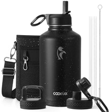 Water Bottle 40 oz Insulated with Straw&Brush, Coolflask Vaccum Stainless Steel Metal 3 Lids Water Flask for Sports, Gym or Office, Keep Cold 48H Hot 24H, Magic Black