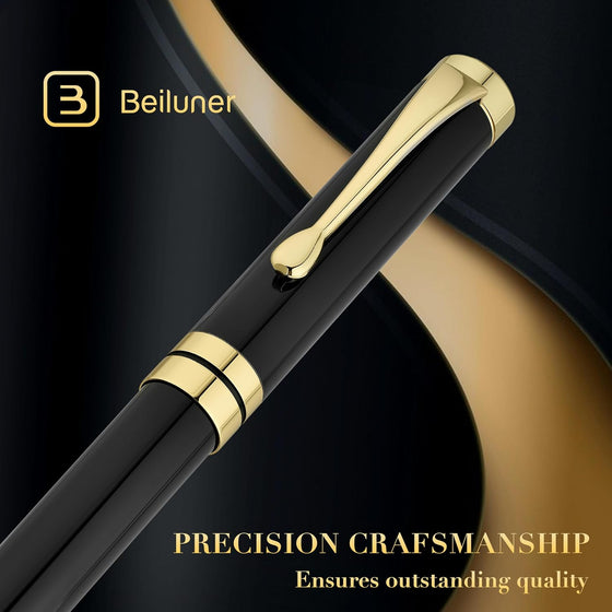BEILUNER Ballpoint Pens, Stunning Black Chrome Metal Pen with Golden Trim, Best Ball Pen Gift Set for Men & Women, Professional, Executive, Office, Nice Pens-Gift Box with 0.5mm Black Extra Refill - hover image