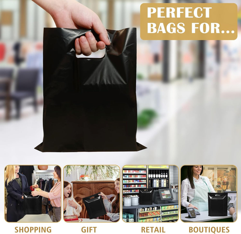 GoClimber 100 Pack Black Plastic Bags, 9"x12" Merchandise Bags With Die Cut Handles Retail Shopping Bags for Small Business Boutique Stores Gifts
