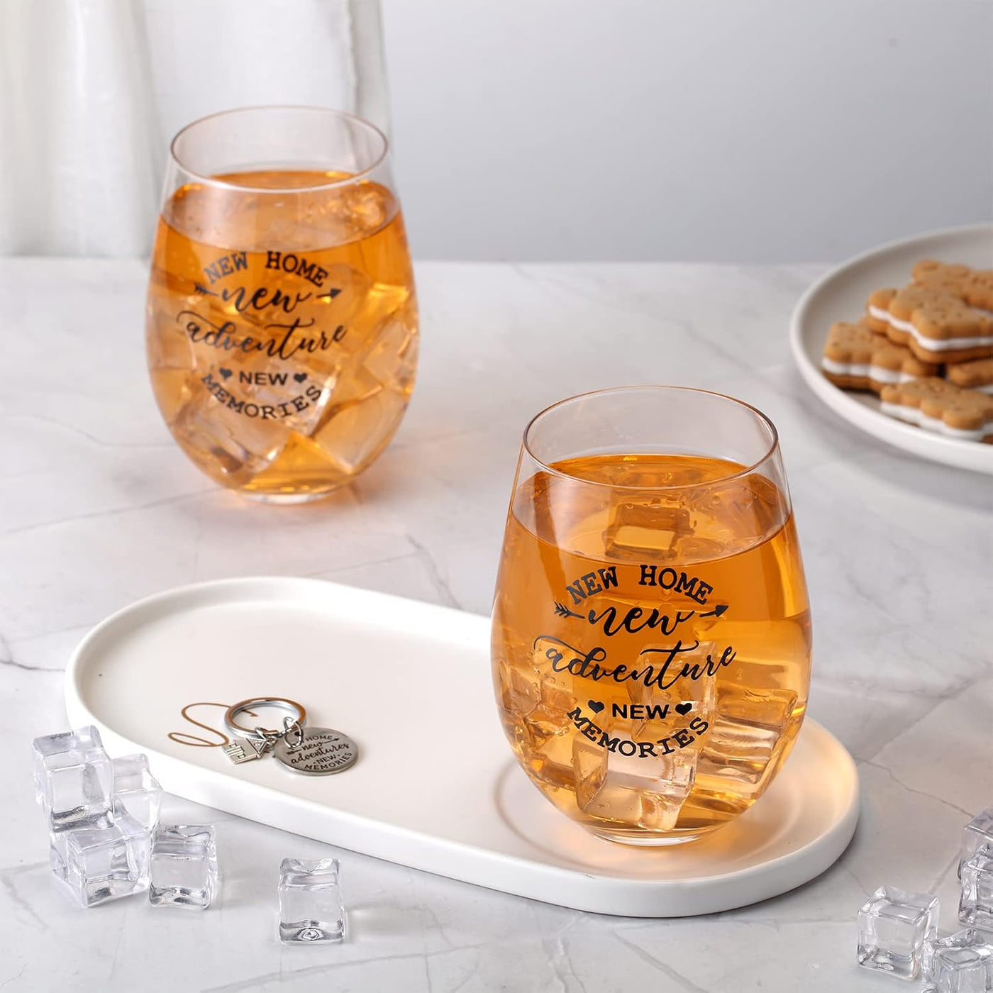 Lallisa 4 Pcs Housewarming Gifts for New House 2 Stemless Wine Glasses Bottle and 2 New Home Keychain Adventures Keyrings for Newlywed Couple, Friends, Apartment Homeowner Newlywed