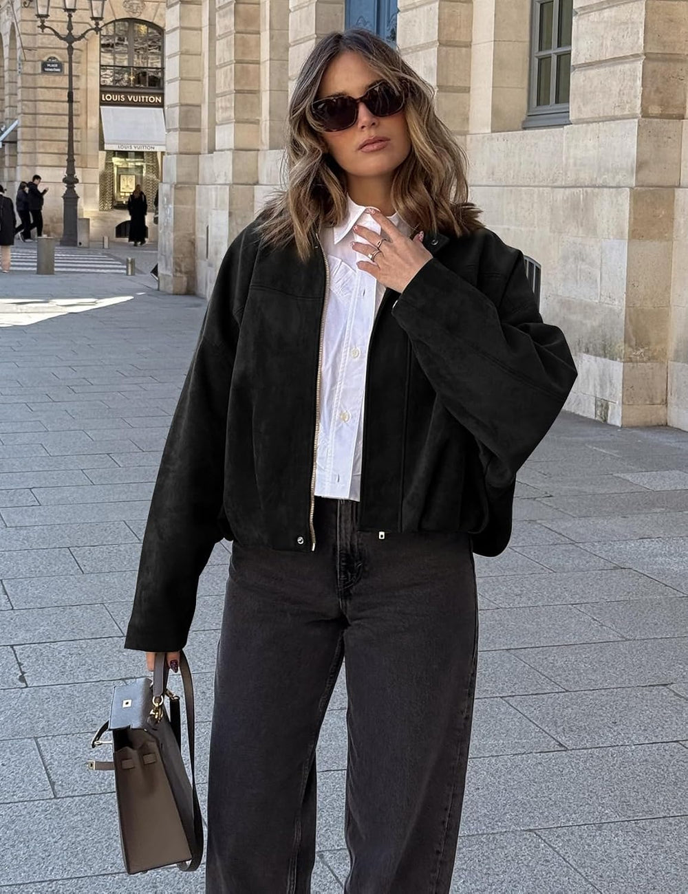 Kissonic Womens Faux Suede Bomber Jacket Oversized Batwing Long Sleeve Zip Up Cropped Coat Streetwear