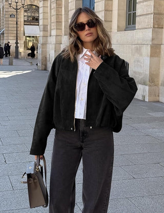 Kissonic Womens Faux Suede Bomber Jacket Oversized Batwing Long Sleeve Zip Up Cropped Coat Streetwear