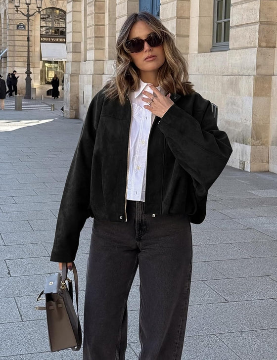 Kissonic Womens Faux Suede Bomber Jacket Oversized Batwing Long Sleeve Zip Up Cropped Coat Streetwear - hover image