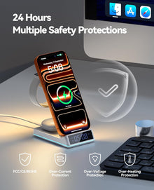2026 Upgraded Wireless Charging Station, 7 in 1 Wireless Charger Station Foldable Charger Stand with Night Light/Alarm Clock for iPhone 17-12 Pro Max Plus, Apple Watch, AirPods Gifts for Fathers Day