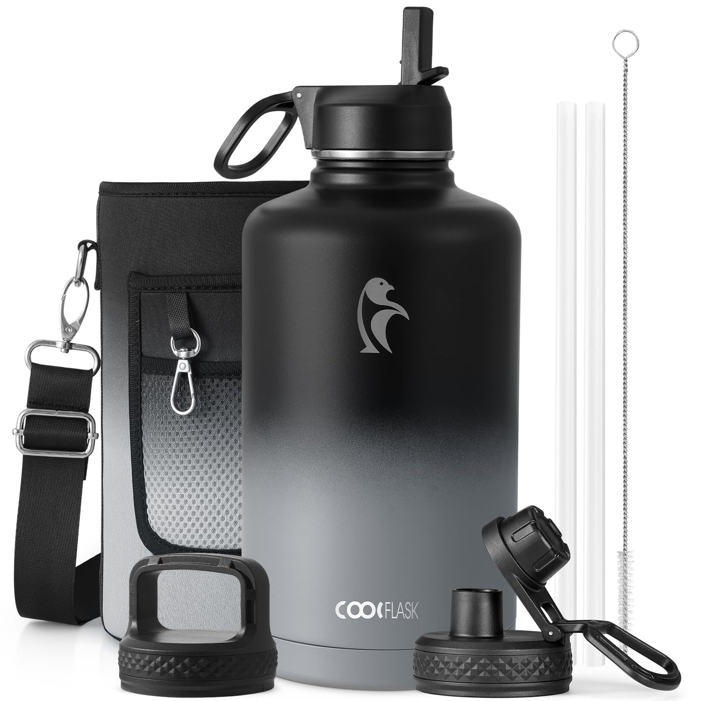 Water Bottle 40 oz Insulated with Straw&Brush, Coolflask Vaccum Stainless Steel Metal 3 Lids Water Flask for Sports, Gym or Office, Keep Cold 48H Hot 24H, Magic Black