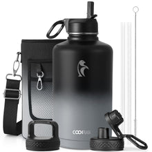 Water Bottle 40 oz Insulated with Straw&Brush, Coolflask Vaccum Stainless Steel Metal 3 Lids Water Flask for Sports, Gym or Office, Keep Cold 48H Hot 24H, Magic Black