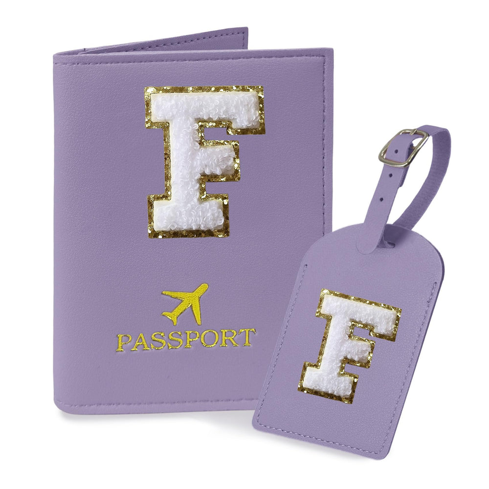 COSHAYSOO Purple Passport Cover Holder and Initial Luggage Tag Set TSA Approved with Personalized Monogram Chenille Letter Patch for Women Teen Girls, Cute Travel Bag Suitcase Identifier (A)