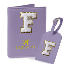 COSHAYSOO Purple Passport Cover Holder and Initial Luggage Tag Set TSA Approved with Personalized Monogram Chenille Letter Patch for Women Teen Girls, Cute Travel Bag Suitcase Identifier (A)