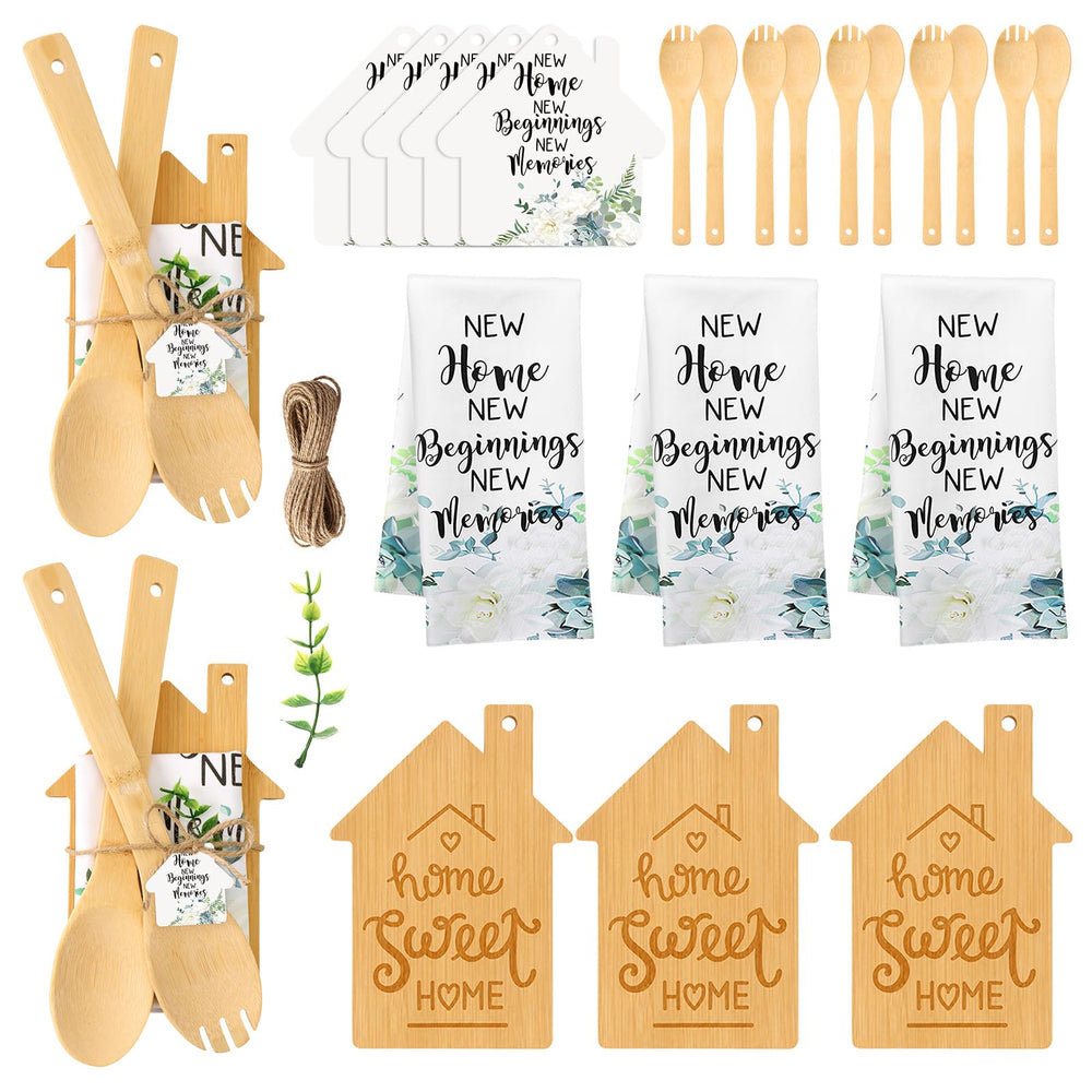 Geelin 31 Pcs Housewarming Gifts Bulk Engraved Cutting Board New Home Beginning Kitchen Towels Cards Bamboo Spoons House Warming Gift Set for Homeowner Neighbor Couple Apartment Kitchen (Rectangle)