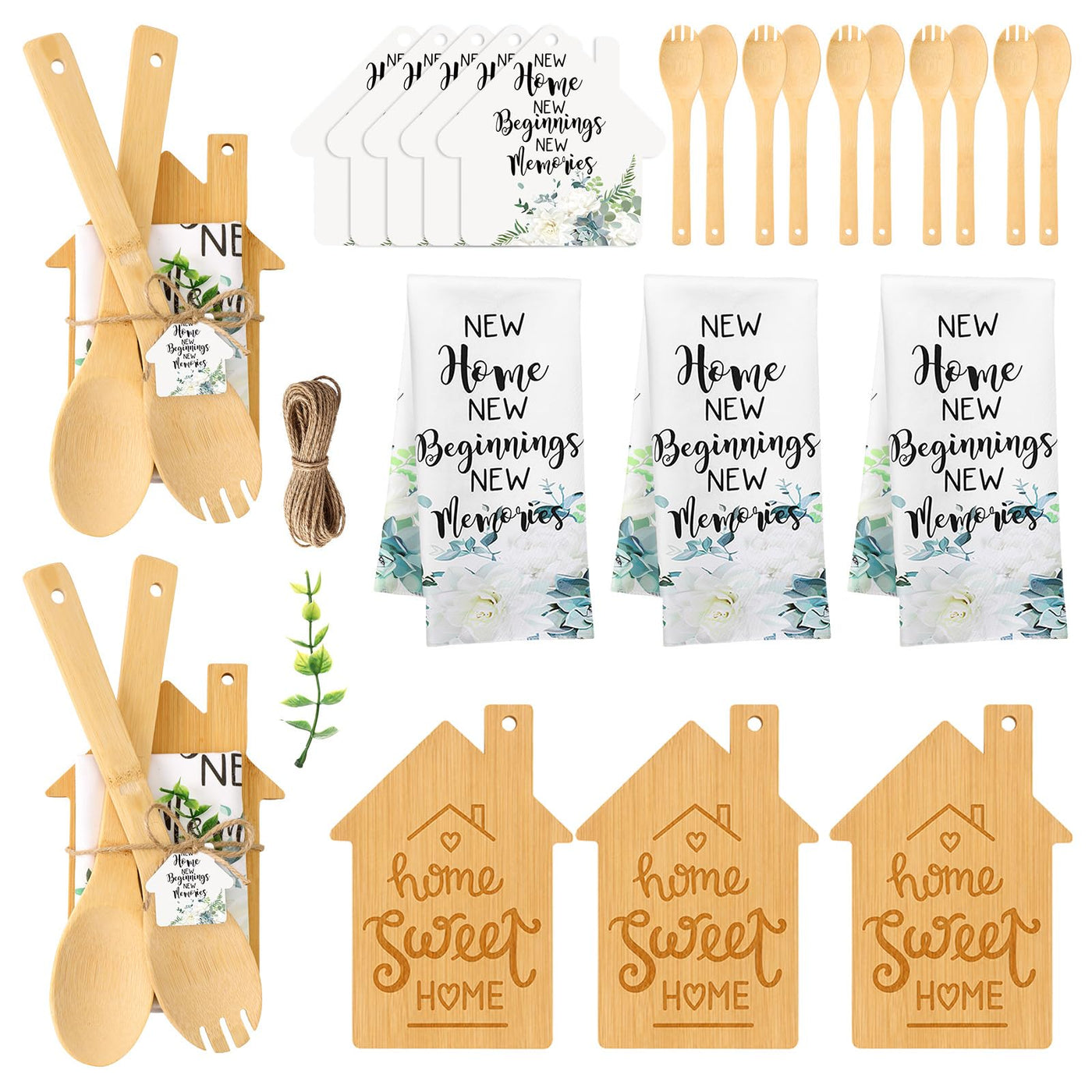 Geelin 31 Pcs Housewarming Gifts Bulk Engraved Cutting Board New Home Beginning Kitchen Towels Cards Bamboo Spoons House Warming Gift Set for Homeowner Neighbor Couple Apartment Kitchen (Rectangle)