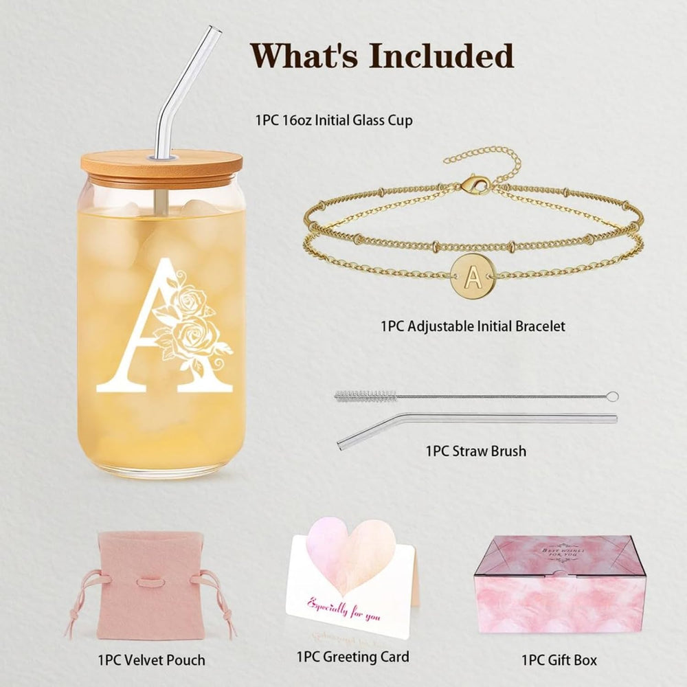Friendship Gifts for Women, Initial Glass Cup and Bracelet Gift Set, Personalized Ready to Gift Letter Gift for Bestie, Women Friends and Special Occasions