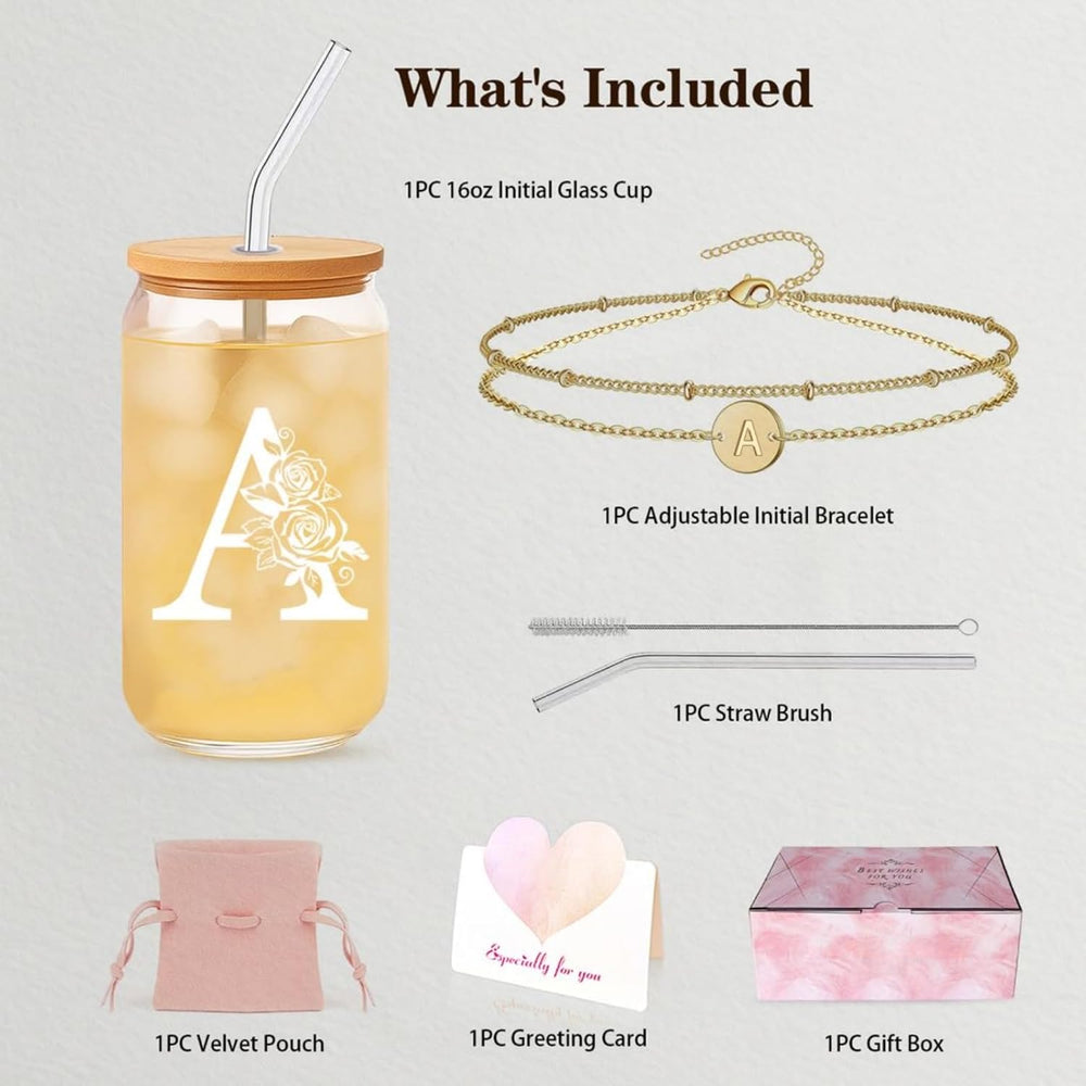 Sister Gifts for Women, Initial Glass Cup and Bracelet Gift Set, Personalized Ready to Gift Letter Keepsake for Birthday, Thank You and Just Because
