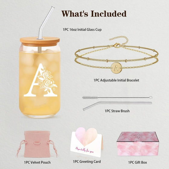 Sister Gifts for Women, Initial Glass Cup and Bracelet Gift Set, Personalized Ready to Gift Letter Keepsake for Birthday, Thank You and Just Because - hover image