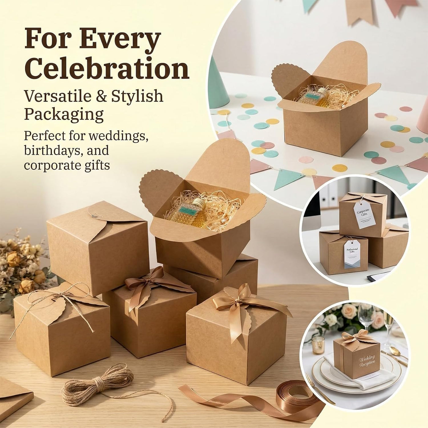 RAINFLOW Eco-Friendly Brown Kraft Gift Boxes with Satin Ribbon – 12x12x9 cm, Small Square Boxes for Weddings, Birthdays, Party Favors 10-Pack, Bulk Packaging, Recyclable Paper