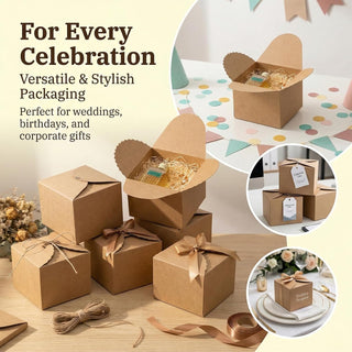RAINFLOW Eco-Friendly Brown Kraft Gift Boxes with Satin Ribbon – 12x12x9 cm, Small Square Boxes for Weddings, Birthdays, Party Favors 10-Pack, Bulk Packaging, Recyclable Paper