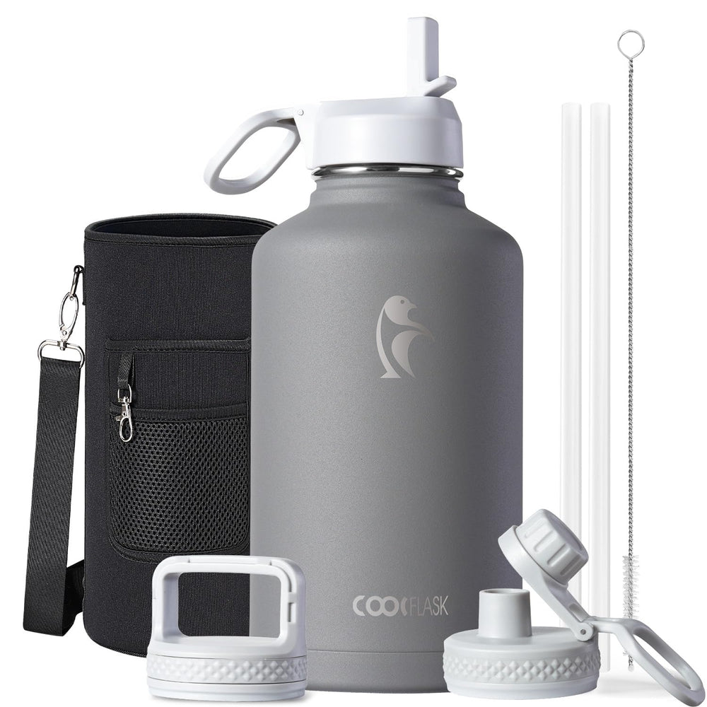 Water Bottle 40 oz Insulated with Straw&Brush, Coolflask Vaccum Stainless Steel Metal 3 Lids Water Flask for Sports, Gym or Office, Keep Cold 48H Hot 24H, Magic Black