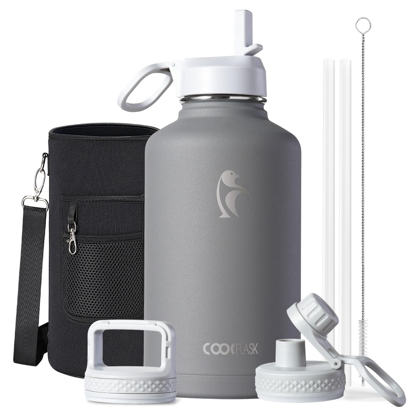 Water Bottle 40 oz Insulated with Straw&Brush, Coolflask Vaccum Stainless Steel Metal 3 Lids Water Flask for Sports, Gym or Office, Keep Cold 48H Hot 24H, Magic Black