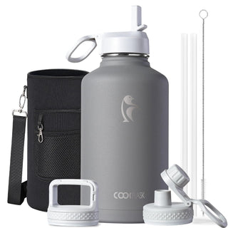Water Bottle 40 oz Insulated with Straw&Brush, Coolflask Vaccum Stainless Steel Metal 3 Lids Water Flask for Sports, Gym or Office, Keep Cold 48H Hot 24H, Magic Black