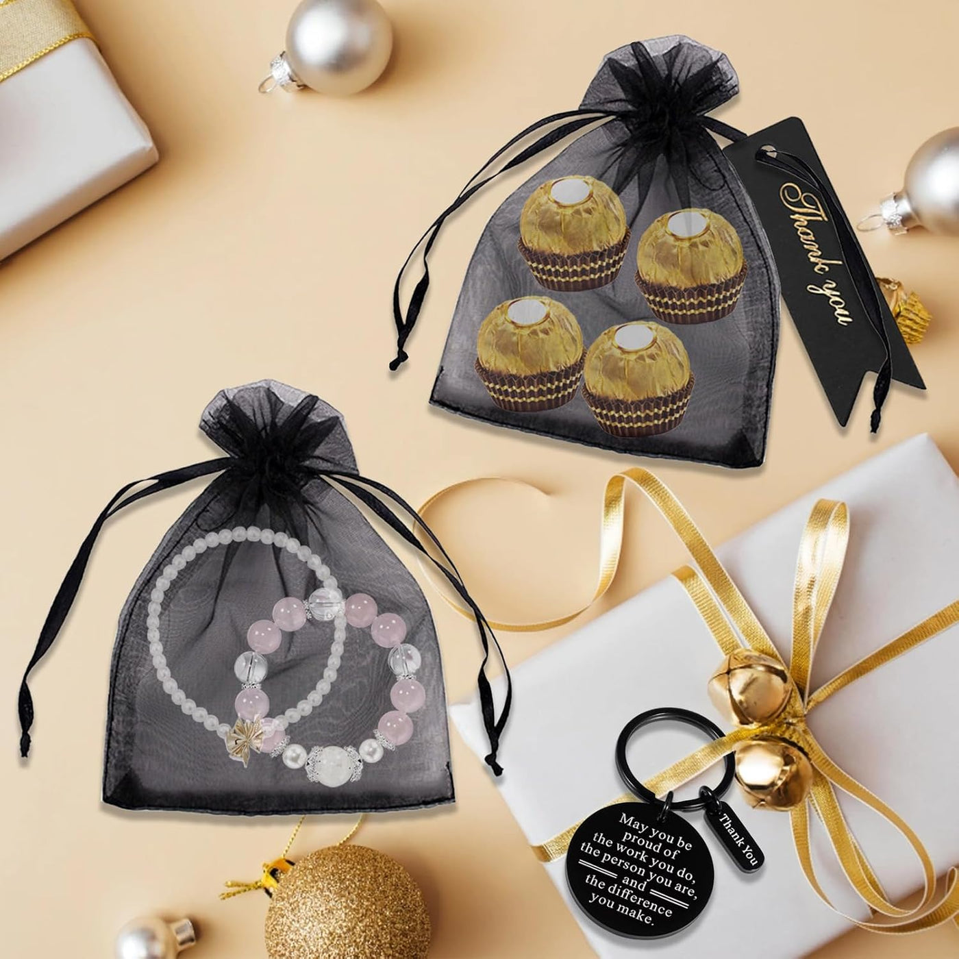 36 Pcs Employee Appreciation Gifts Bulk Thank You Keychains for Coworkers Teams Volunteers Appreciation Keychain Organza Bags