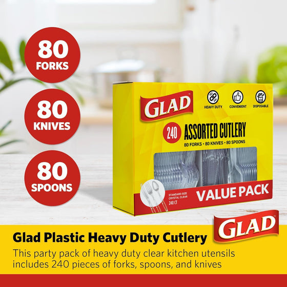 Glad Clear Disposable Cutlery Set with Heavy Duty Plastic Forks, Knives, and Spoons, Reusable Dishwasher Safe Plastic Utensils for Parties and Everyday Use, 240 Count - hover image