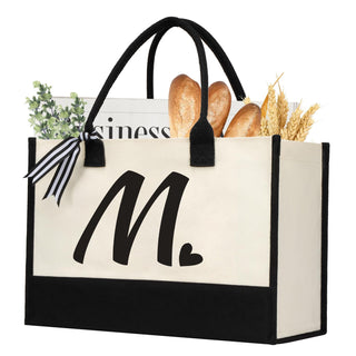 shenee Initial Canvas Tote Bag, Personalized Beach Jute Bag Present for Women Holiday,Friends Birthday Gift,Wedding, New Year