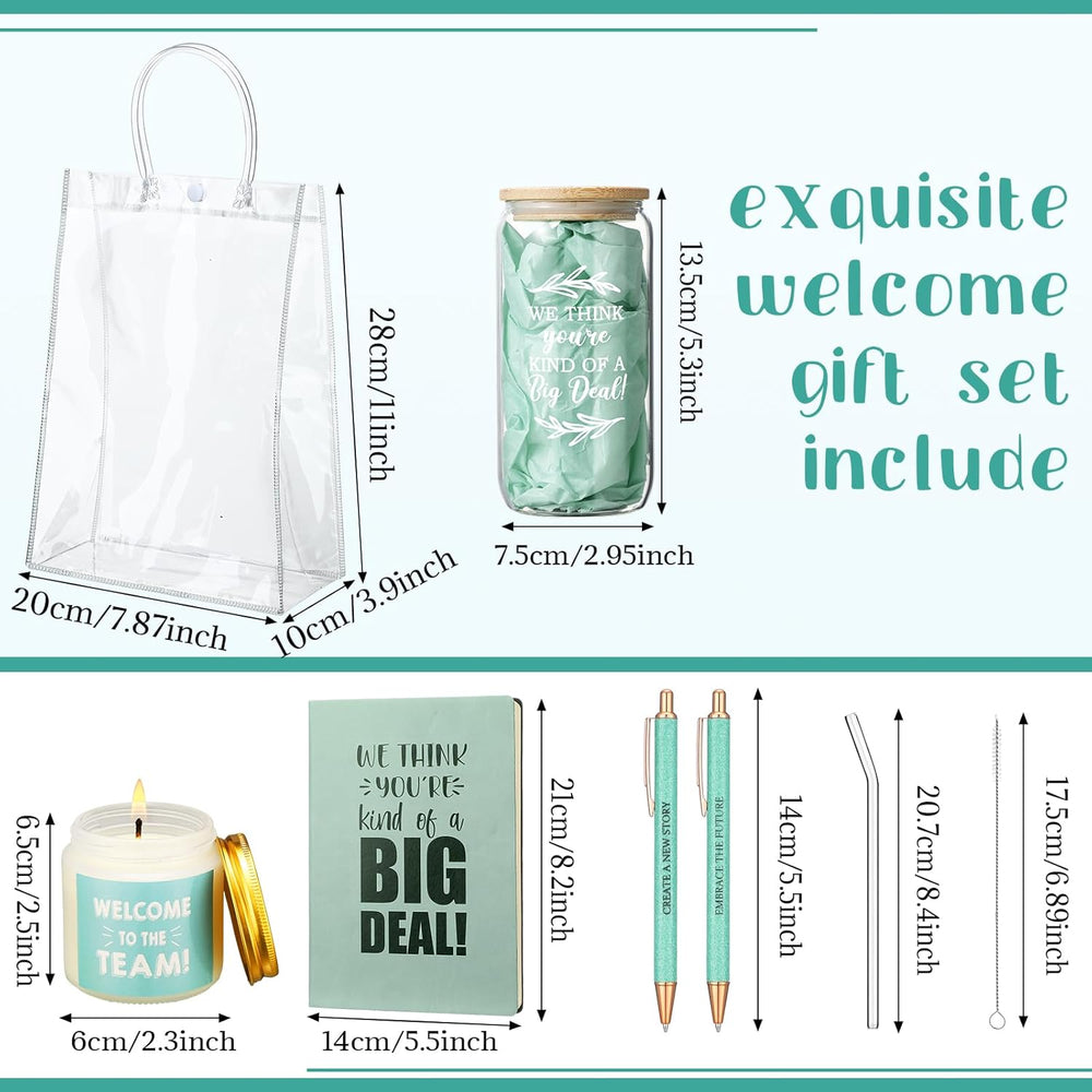 Thenshop 6 Pcs Welcome to the Team Gifts Bulk for New Employee Inspirational Glass Tumbler Notebook Pens Scented Candle with PVC Bag Employee Appreciation Gift Set for New Coworker Office (Sage Green)