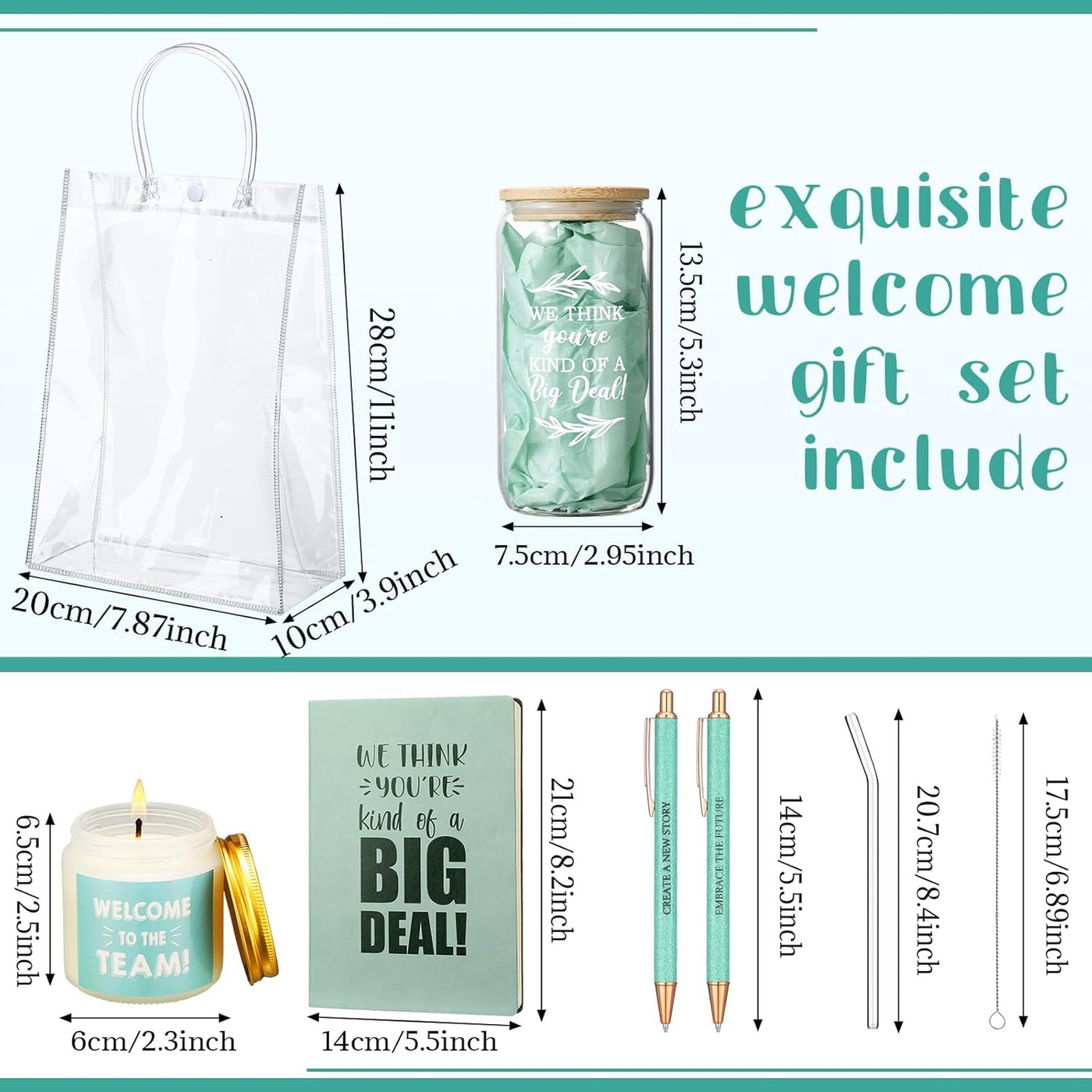 Thenshop 6 Pcs Welcome to the Team Gifts Bulk for New Employee Inspirational Glass Tumbler Notebook Pens Scented Candle with PVC Bag Employee Appreciation Gift Set for New Coworker Office (Sage Green)