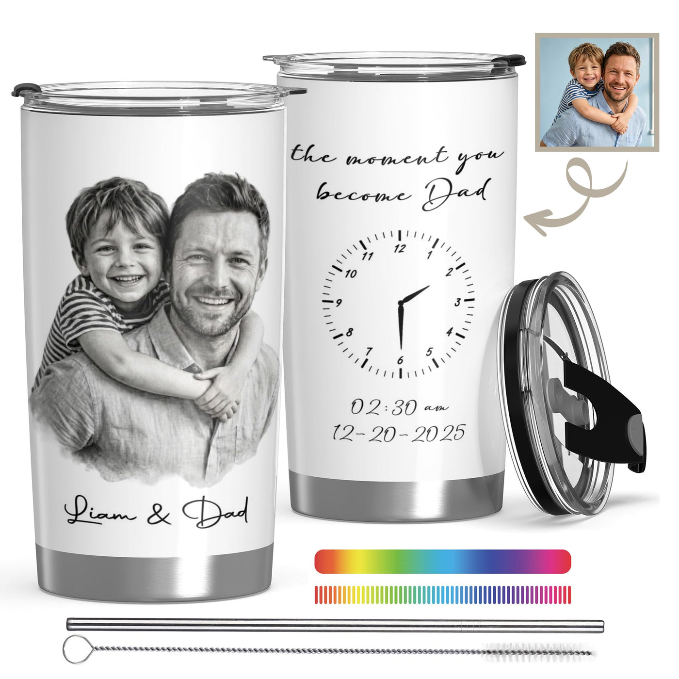 Personalized Tumbler with Photo Text Logo, Made in USA 20 oz Custom Stainless Steel Coffee Mug with Lid, Custom Cup Gift for Dad, Mom, Friends, gift for father's day