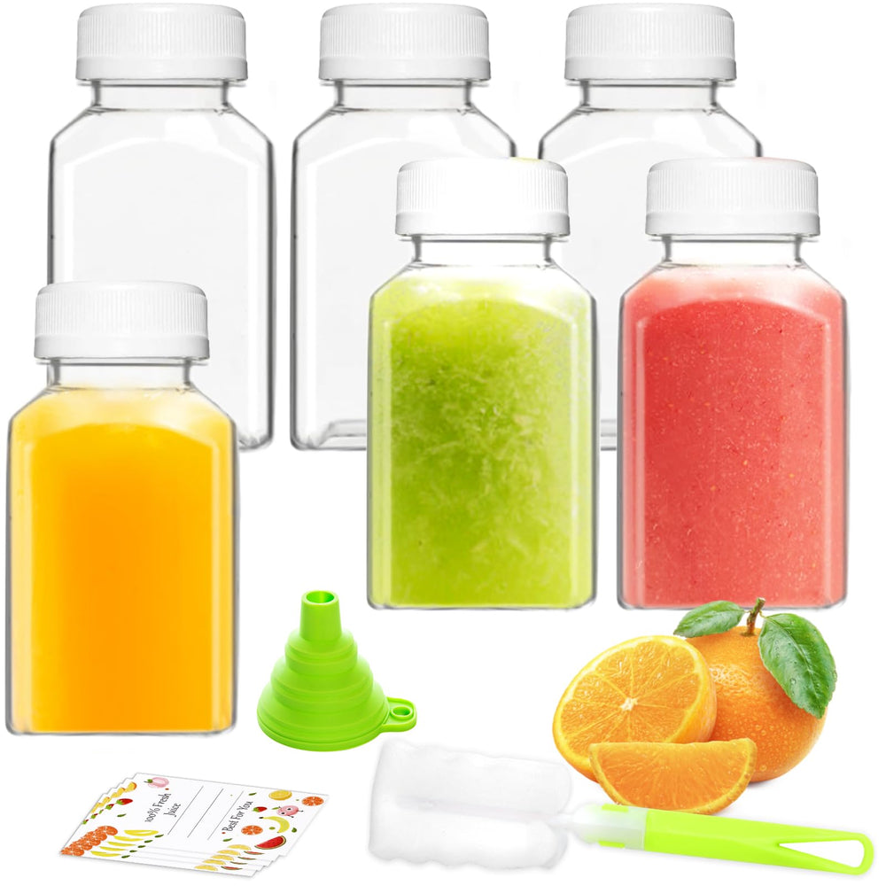 12pcs 12oz Plastic Juice Bottles, Reusable Juice Containers with Black Tamper Proof Lids, Brush, Funnel and Labels, Clear Juice Containers for Juicing, Smoothie and Homemade Beverages