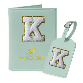 COSHAYSOO Purple Passport Cover Holder and Initial Luggage Tag Set TSA Approved with Personalized Monogram Chenille Letter Patch for Women Teen Girls, Cute Travel Bag Suitcase Identifier (A)