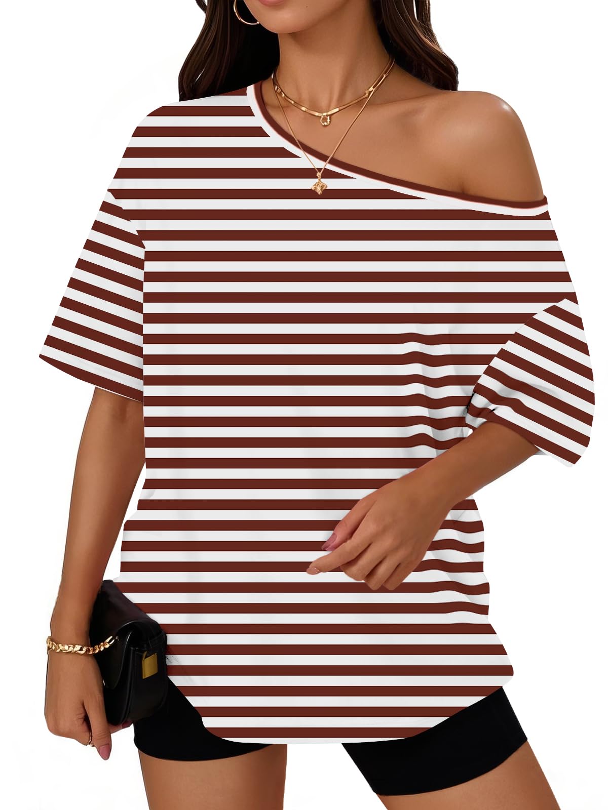 Trendy Queen Womens Off the Shoulder Tops Oversized Summer Spring T-Shirts 2026
