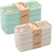 Rarapop 3 Pack Stackable Bento Box Adult Japanese Lunch Box Kit with Spoon & Fork, 3-In-1 Compartment Wheat Straw Meal Prep Containers (Green/Pink/Beige)