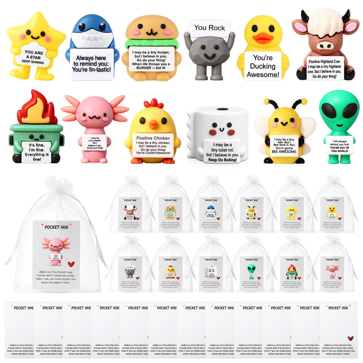 Gejoy 12 Pcs Pocket Hug Gift Set Tiny Rubber Figurines with Inspirational Message Organza Bags Glue Points Motivational Positive Gifts for Graduation Family Friends Colleagues Teachers(Stylish)