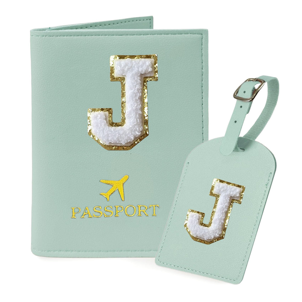 COSHAYSOO Purple Passport Cover Holder and Initial Luggage Tag Set TSA Approved with Personalized Monogram Chenille Letter Patch for Women Teen Girls, Cute Travel Bag Suitcase Identifier (A)