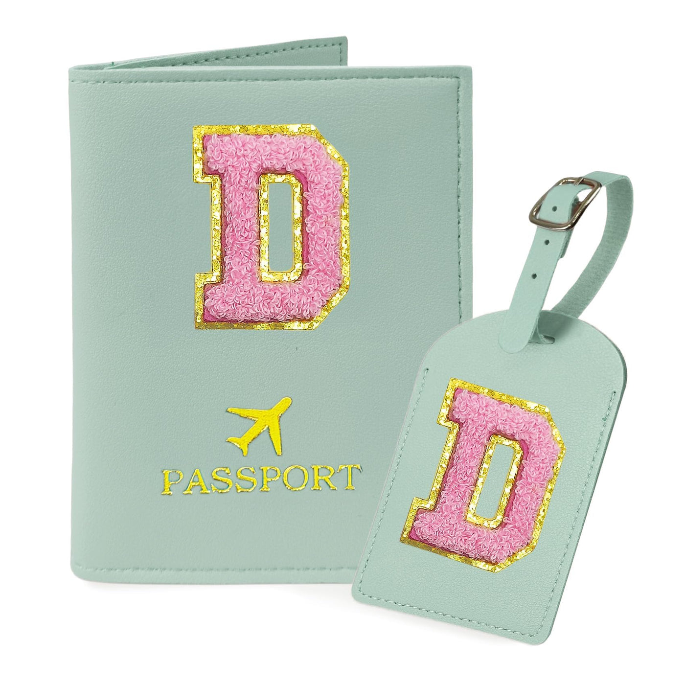 COSHAYSOO Purple Passport Cover Holder and Initial Luggage Tag Set TSA Approved with Personalized Monogram Chenille Letter Patch for Women Teen Girls, Cute Travel Bag Suitcase Identifier (A)