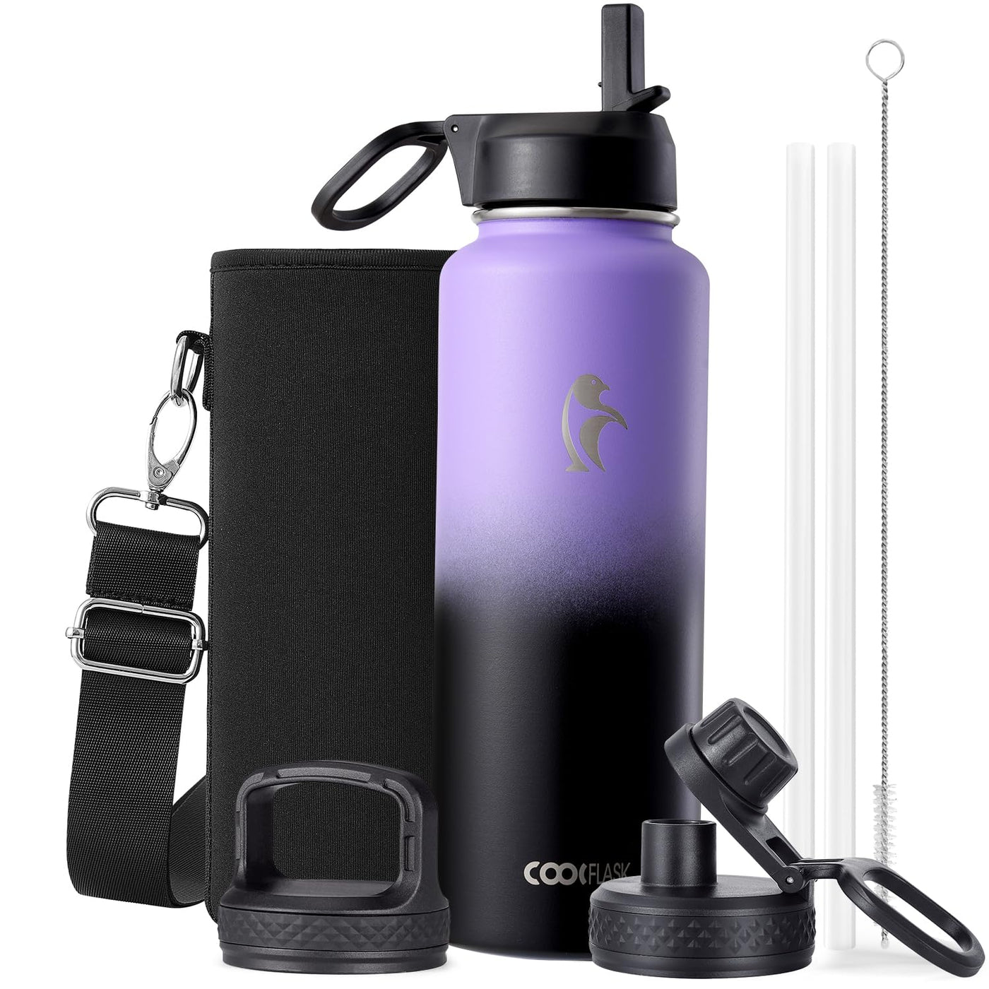 Water Bottle 40 oz Insulated with Straw&Brush, Coolflask Vaccum Stainless Steel Metal 3 Lids Water Flask for Sports, Gym or Office, Keep Cold 48H Hot 24H, Magic Black