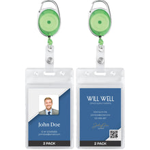 Will Well ID Badge Holders with Clip and Keyring - Vertical Clear Plastic 2.52" x 3.58" Sleeves Fit Up to 3 Cards - Retractable 24" UHMWPE Fiber Pull Cords for Easy Access - 2-Pack, Black Reels