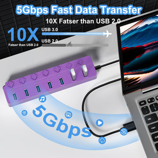ONFINIO USB Hub 3.0, 7-Port USB Hub Splitter with Individual On/Off Switches and Lights, 3.2ft/1m Long Cable Compatible with MacBook, Laptop, Surface Pro, PS4, PC, Flash Drive, Mobile HDD-Purple