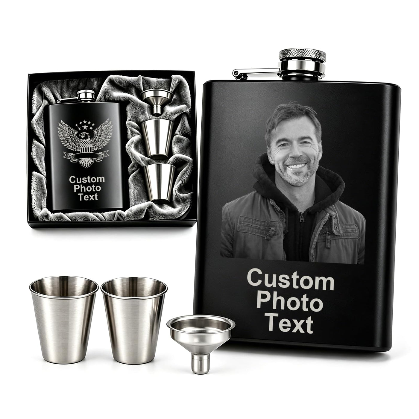 Personalized Photo Flask Custom Engraved Stainless Steel Liquor Flask 8oz Unique Gift Men Husband Dad Groomsmen Wedding Birthday Anniversary Fathers Day (Custom Design)